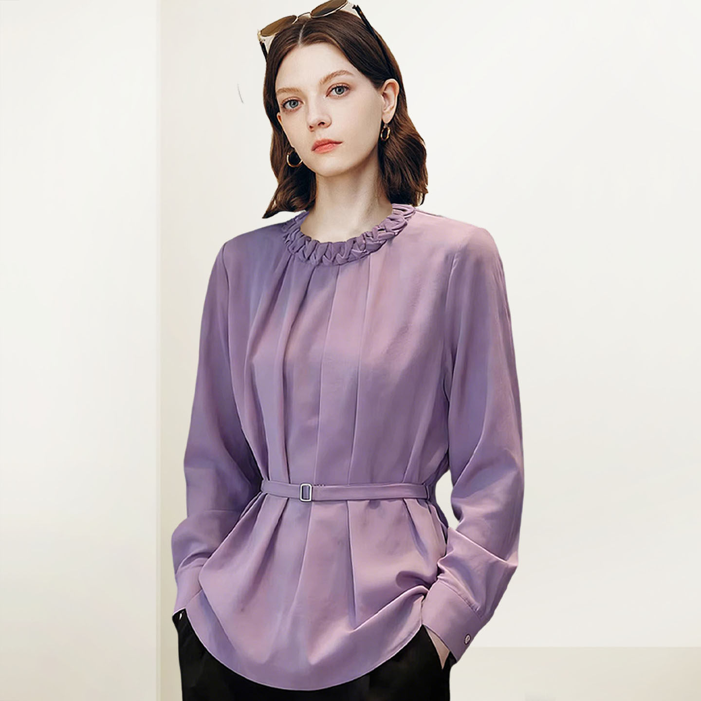 QOOEL法式轻奢木耳边紫色长袖衬衫2026春夏新款显瘦气质百搭上衣