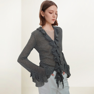 QOOEL法式不规则木耳边罩衫外套女2025年秋冬短款毛刷别致开衫潮