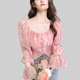 法式 收腰温柔上衣潮 仙气花瓣袖 粉色一字肩雪纺衬衫 女2026年春新款