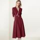 新款 法式 V领撞色红色连衣裙女2026年春季 收腰显瘦气质中长裙子潮