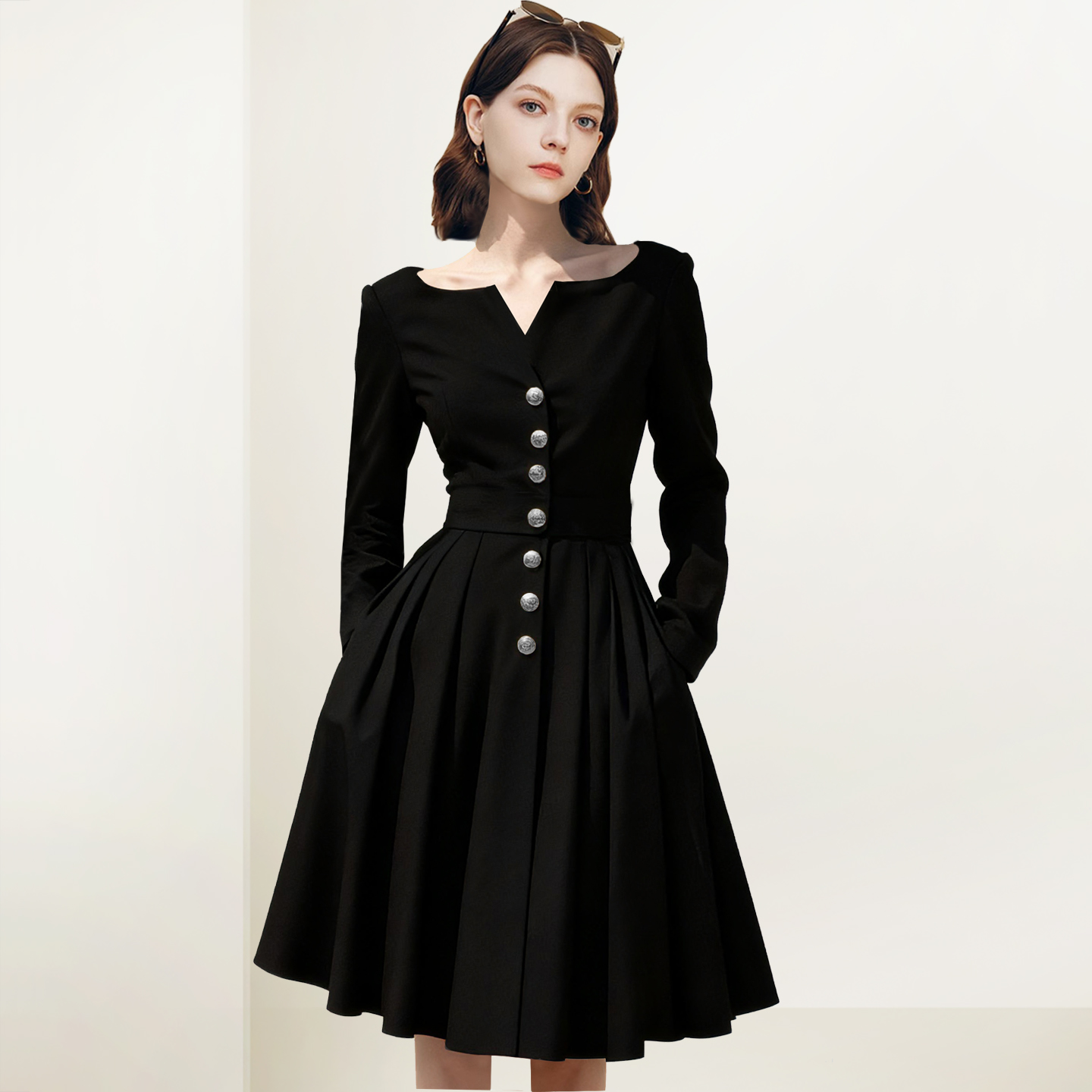 法式复古单排扣赫本风小黑裙