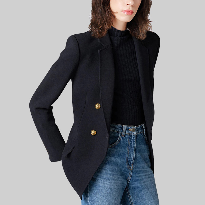 收腰休闲黑色双排扣外套女2025年秋款新款修身显瘦外套中长款西服