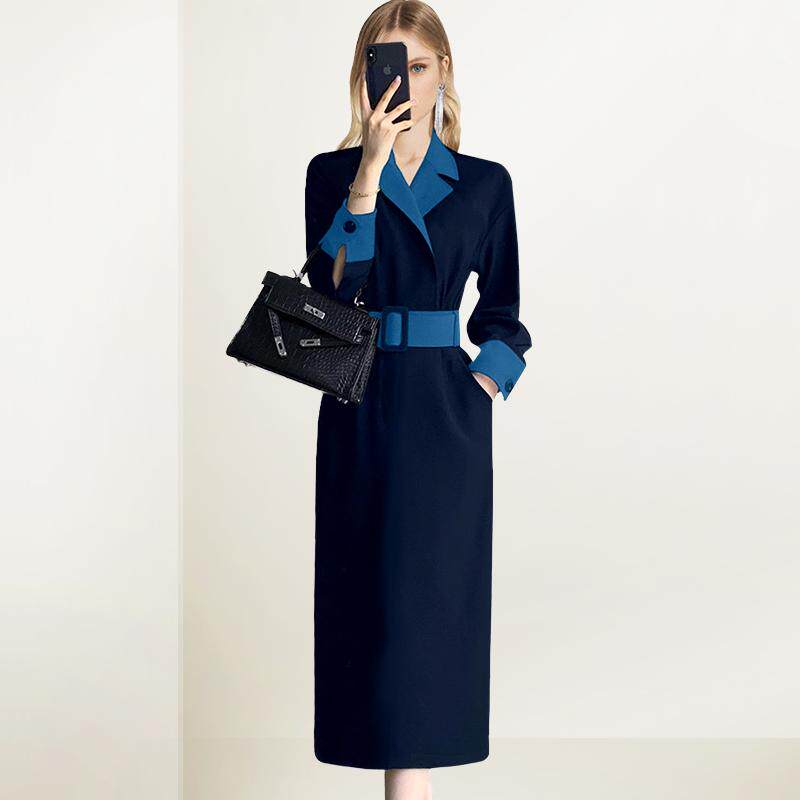 气质拼接蓝色收腰连衣裙女2025年秋冬新款假两件通勤减龄收腰裙子