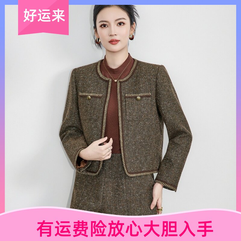-南油高品质金线人字纹羊毛呢短
