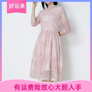 高品质2025春装新款绣花V领中袖连衣裙轻奢高级感收腰伞裙中长款