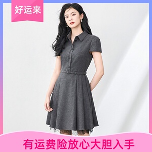 WLZD深圳南油复古时髦洋气翻领短袖拼蕾丝压褶收腰显瘦连衣裙女夏
