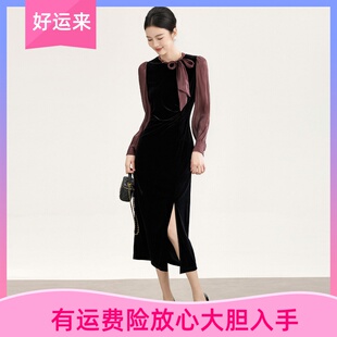 WLZD深圳南油蝴蝶结系带领金丝绒拼琉璃纱轻熟褶皱开衩礼服连衣裙