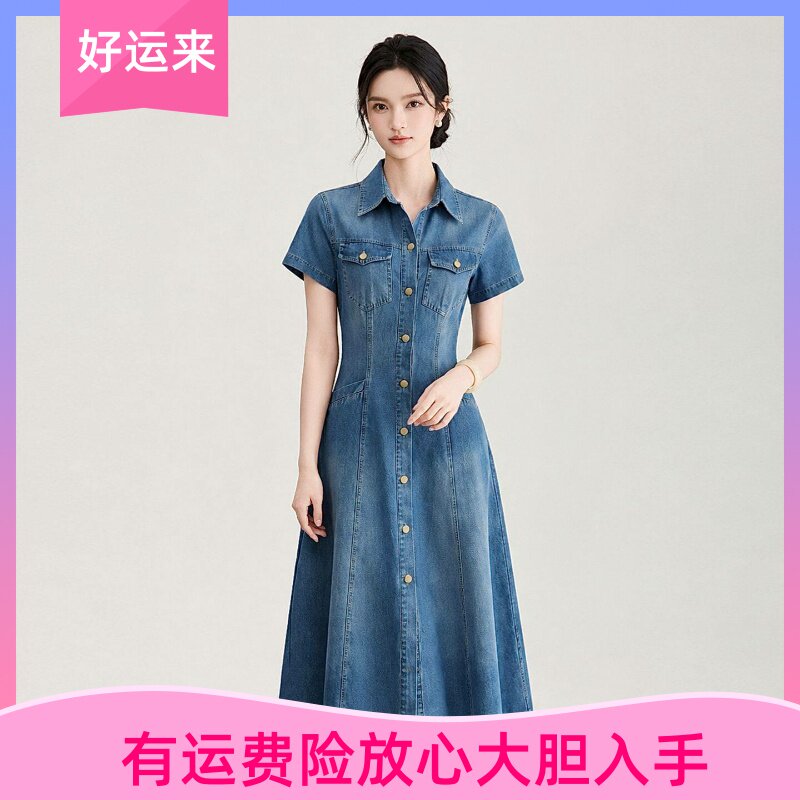 翻领时髦摩登感夏季牛仔连衣裙