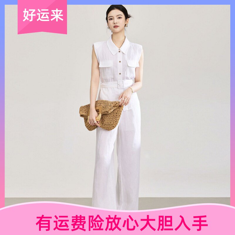 天丝亚麻腰带无袖衬衫阔腿裤套装
