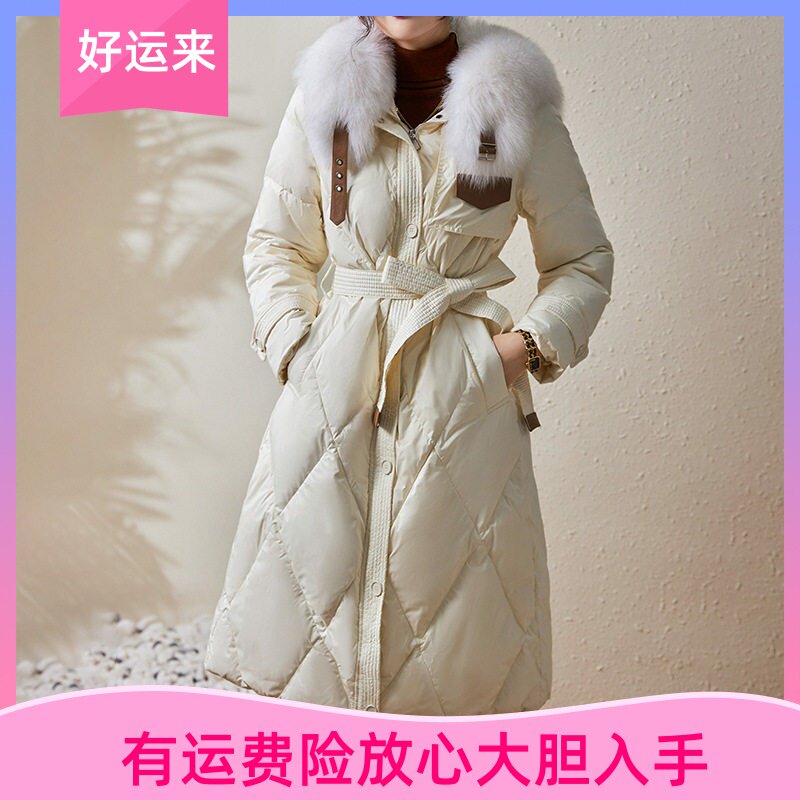 WLZD南油高端新款鹅绒明星D牌款大狐狸毛领拼皮收腰长款羽绒服女