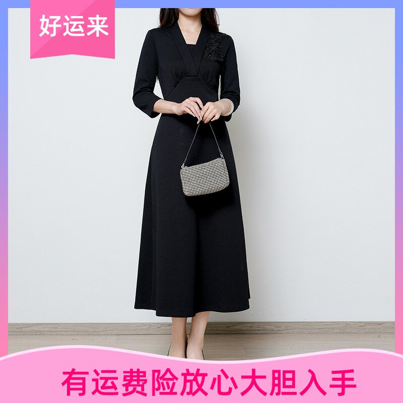 黑色中长款连衣裙女秋2025新款气