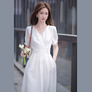 欧洲站夏季新款法式茶歇高级感温柔气质长裙收腰V领白色连衣裙女
