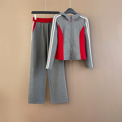 时尚休闲运动套装女秋新款修撞色拼接连帽开衫卫衣阔腿长裤两件套