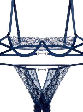 性感蕾丝宝蓝色纯欲钢圈上托薄款小胸氛围感文胸套装bra欧美法式