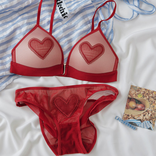 红色文胸法式蕾丝刺绣爱心内衣纯欲小清新文胸套装