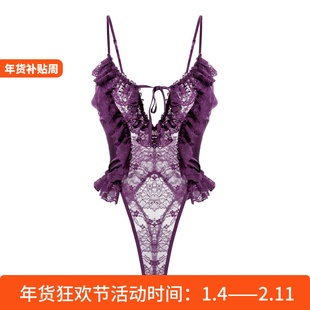 嫣然 紫色韵味性感蕾丝连体衣女文胸套装内衣女