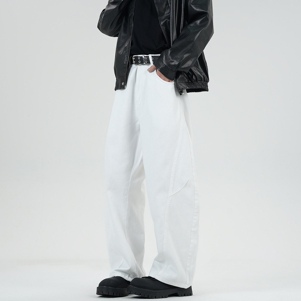 美式高街垂感cleanfit白色弯刀牛仔裤男2026新款宽松直筒阔腿长裤