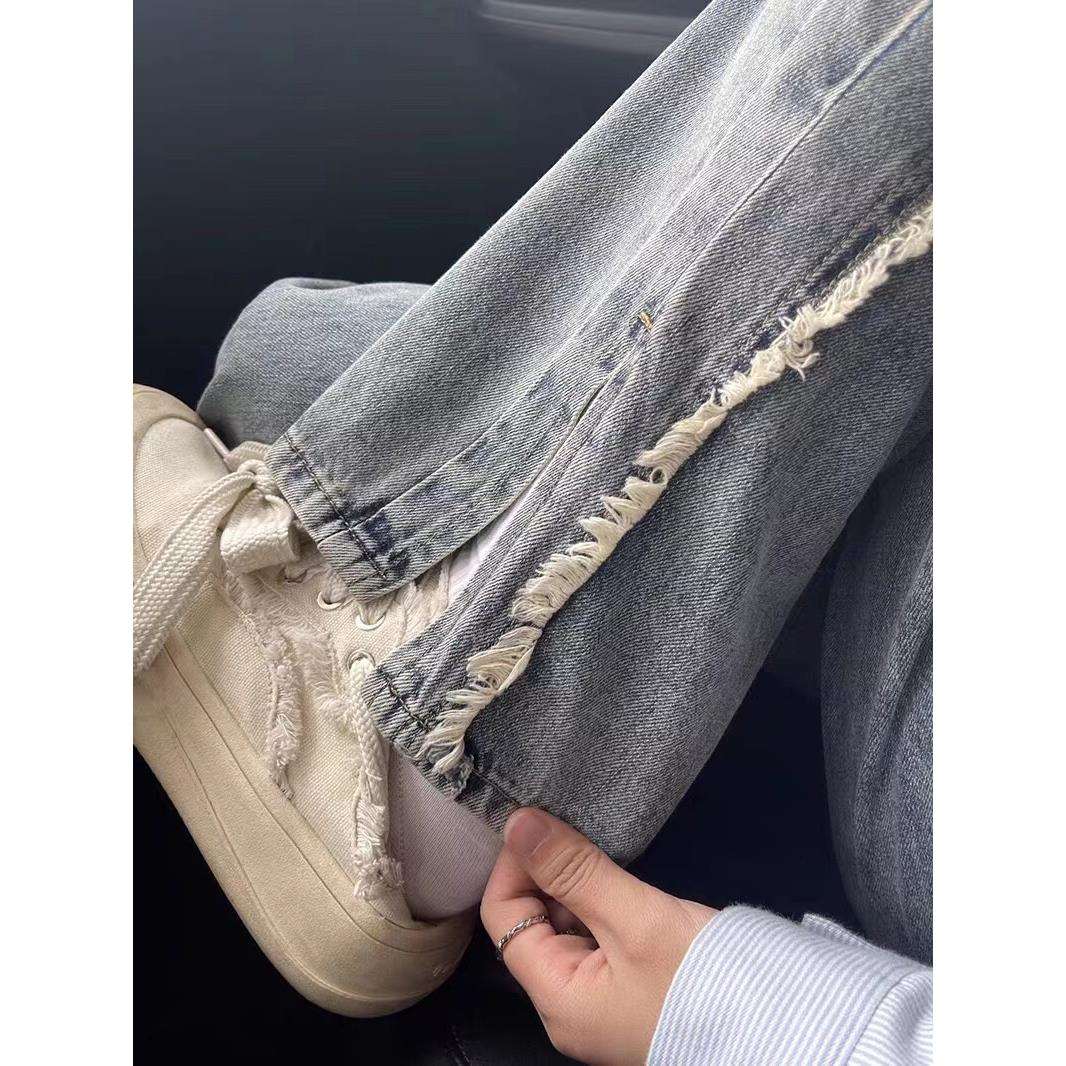 自家毛边开 叉牛仔裤女春秋冬设计感大尺码微胖妹妹直筒高腰阔腿