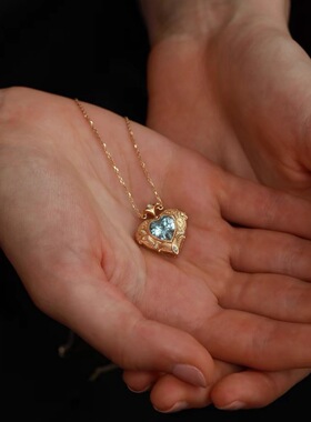 法式中古爱心项链女款静谧之心镶嵌海蓝宝石小众轻奢锁骨链独特款