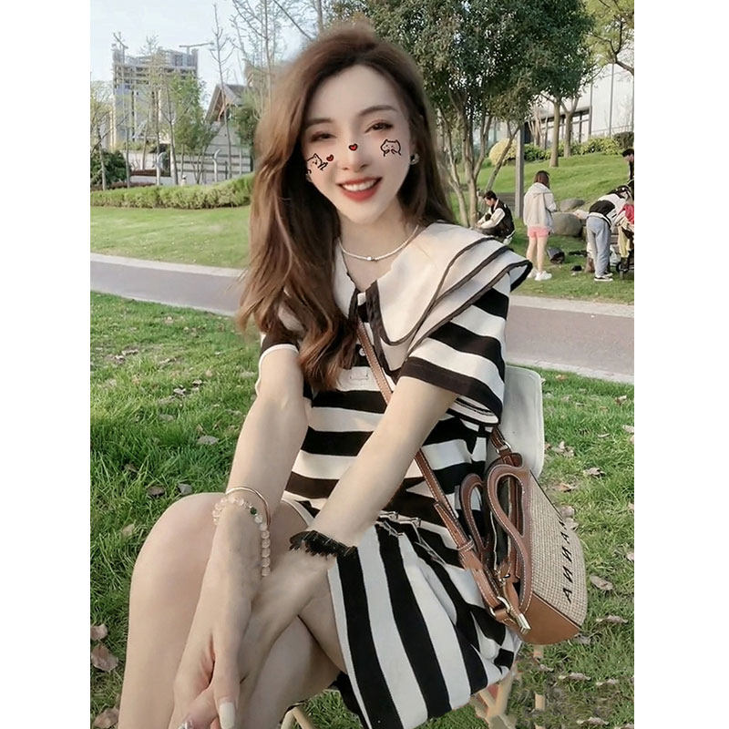 2024 새로운 유럽 역 ??고품질 기질 작은 인형 칼라 스트라이프 드레스 여성 여름 옷