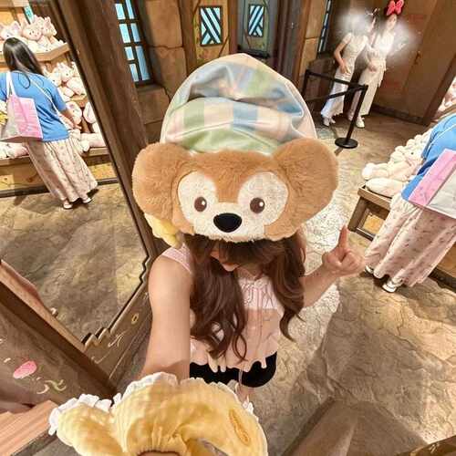 可爱达菲熊毛绒睡帽女秋冬居家保暖大头包氛围感拍照帽子新款2026