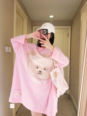 芭比粉面膜熊长袖T恤女秋季宽松中长款遮屁股卡通小熊慵懒风上衣