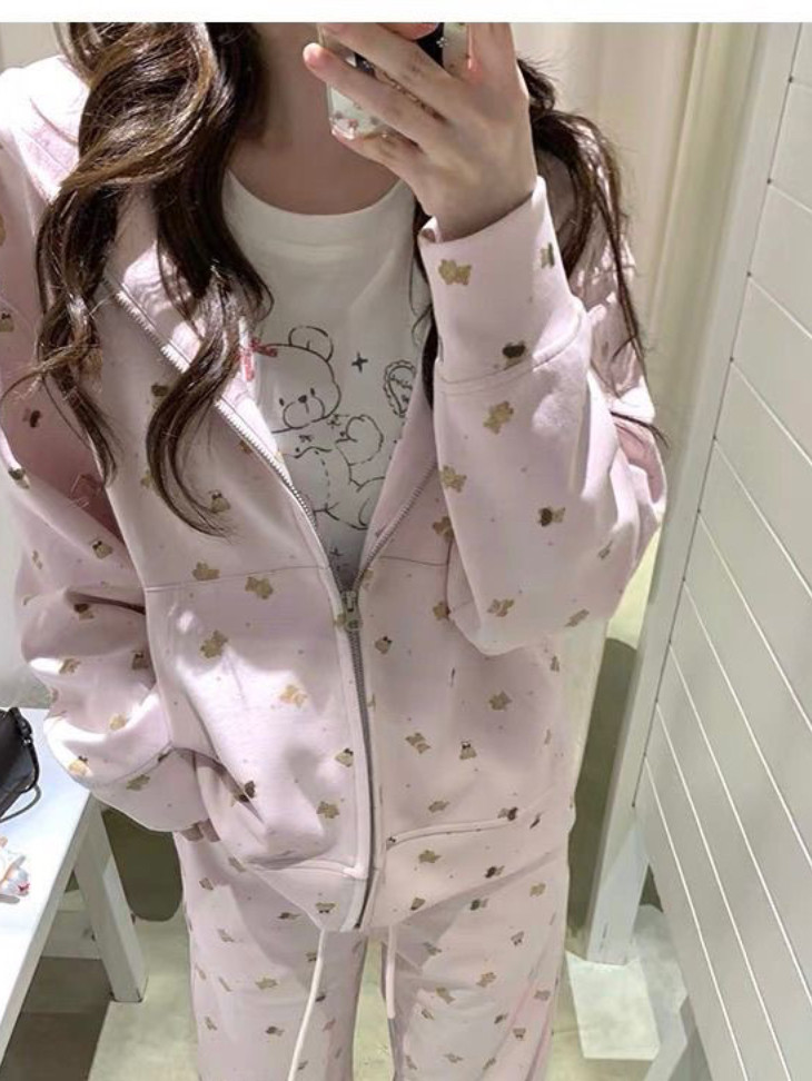 橘子皮小熊满印连帽拉链开衫卫衣女温柔甜妹宽松休闲套装外套