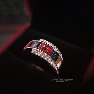 日韩镀金精致七彩水晶戒指女轻奢高级感彩虹锆石中指指环流行饰品