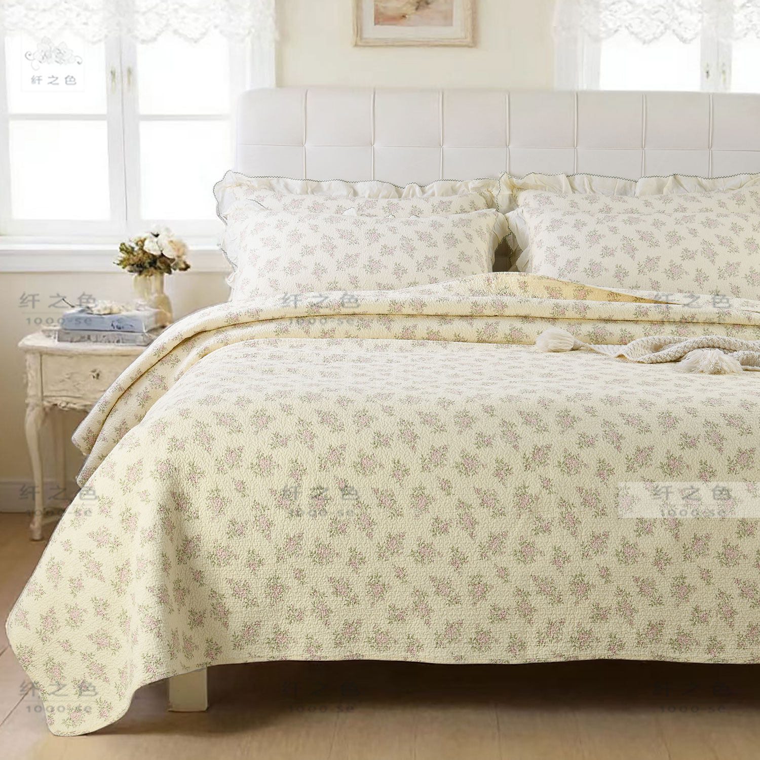 田园风韩式纯棉碎花床盖三件套米色小花绗缝被床单全棉四季通用垫