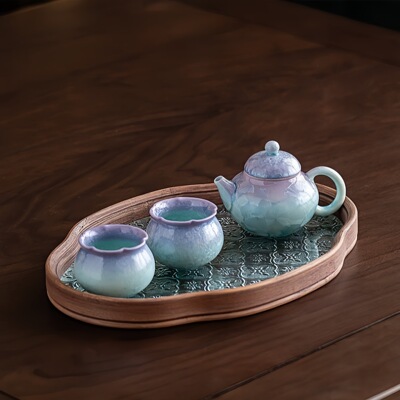 结晶釉紫青渐变功夫茶具套装小清新窑变一壶二杯高档送礼礼盒装