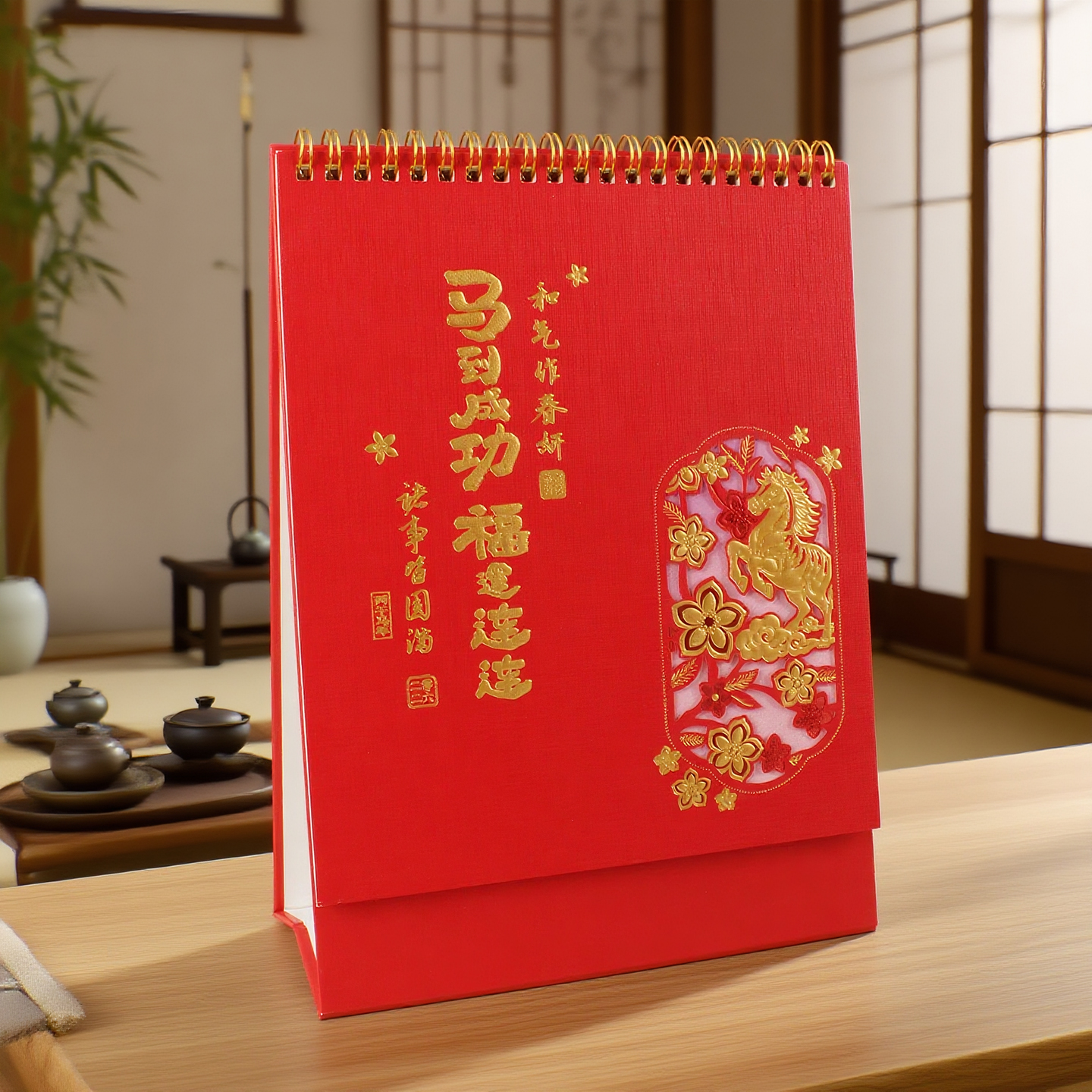 祝福透雕镂空工艺中国风2026马年桌面办公日历摆件台历可定制logo