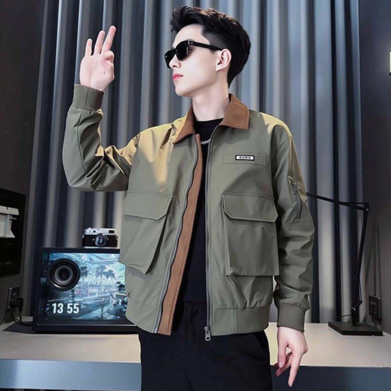 翻领工装外套男款春秋新款痞帅风拼接时尚潮流高级修身潮流夹克衫