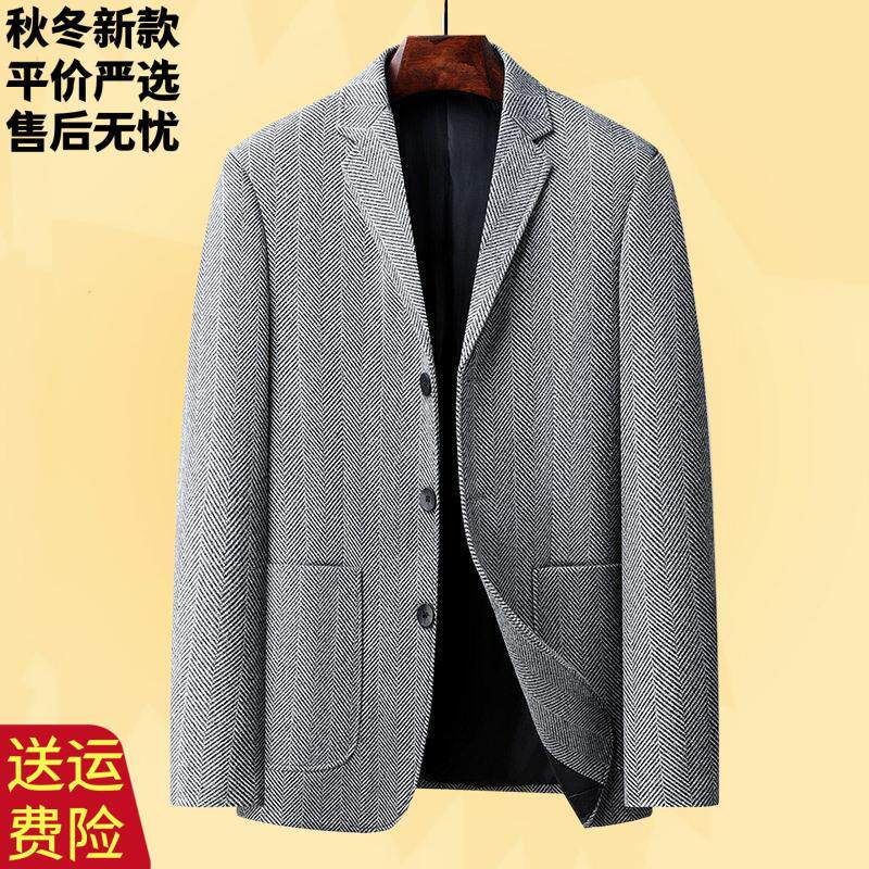 跨境春秋男士新款西装毛呢外套中年休闲单西外套爸爸装修身免烫