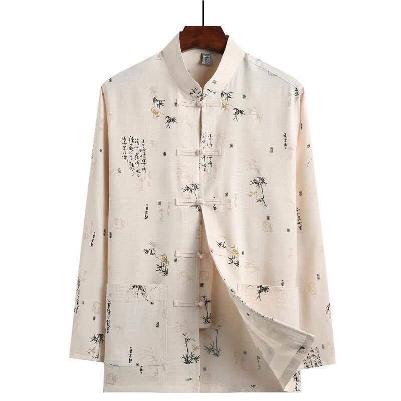 网络爆款中老年男士唐装棉麻爷爷装中国风公司采购长袖衬衫竹叶款