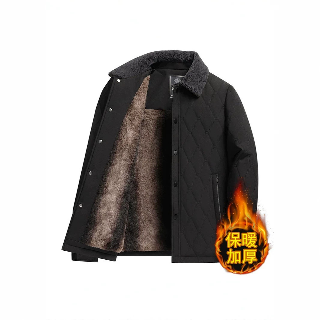 中年男士冬季加绒加厚保暖外套爸爸装翻领商务休闲棉衣中老年棉袄