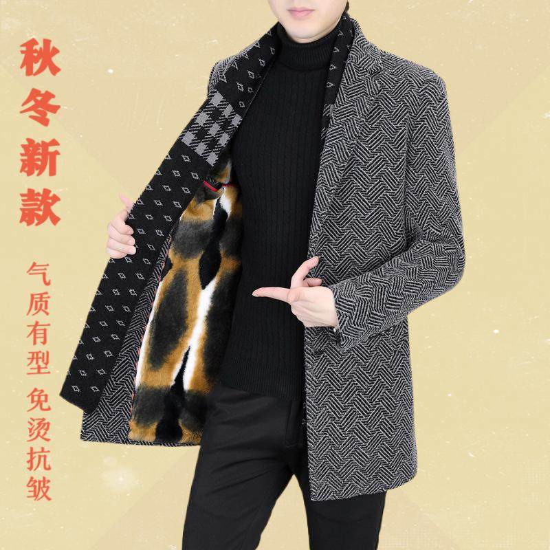 款呢子大衣男毛呢秋冬加绒围巾金加厚冬季中长风衣貂绒领男士