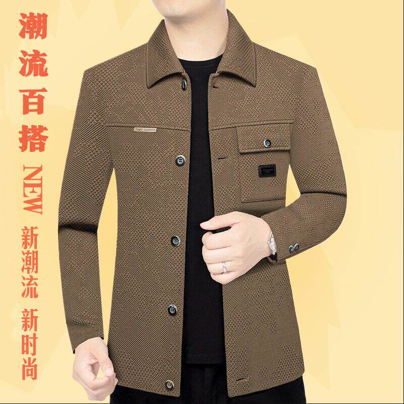 直筒春秋季新款翻领中年男士休闲工装夹克上衣外套爸爸装春装茄克