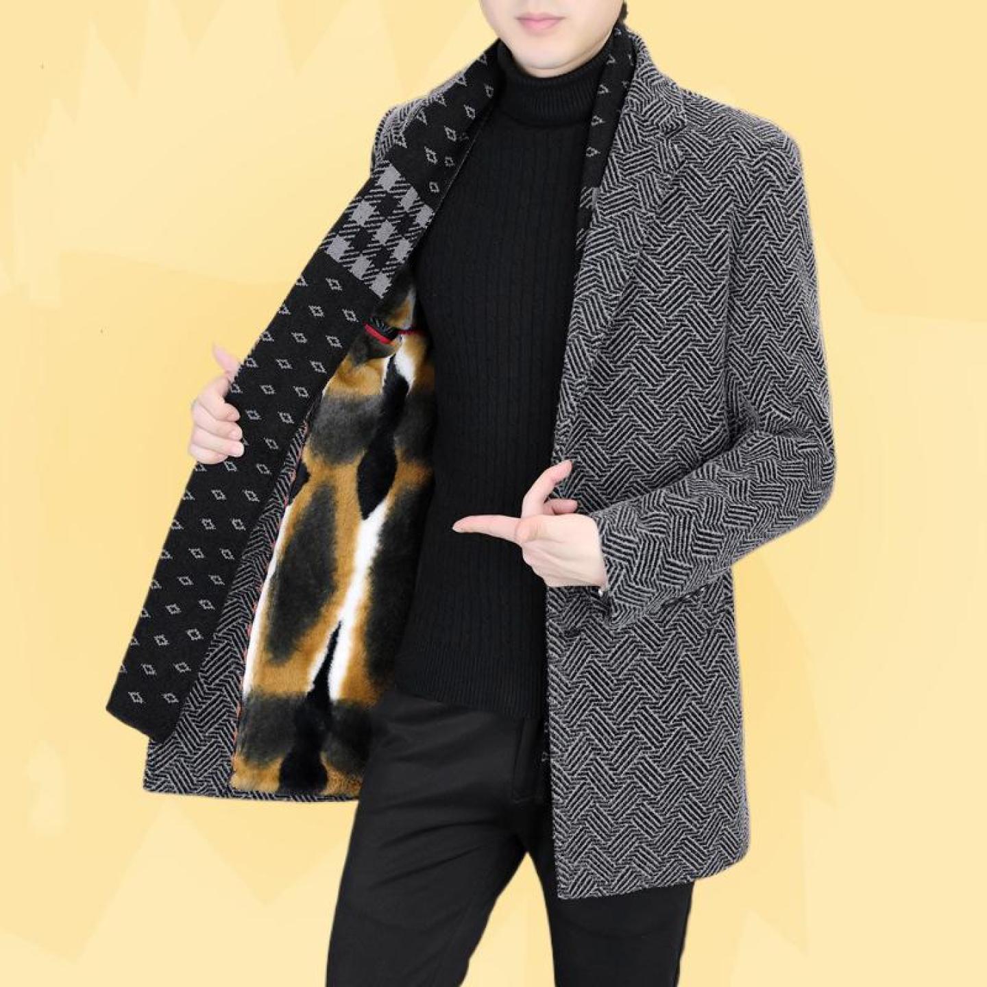 秋冬毛呢大衣男士中长款围巾领风衣男冬季加绒加厚金貂绒呢子