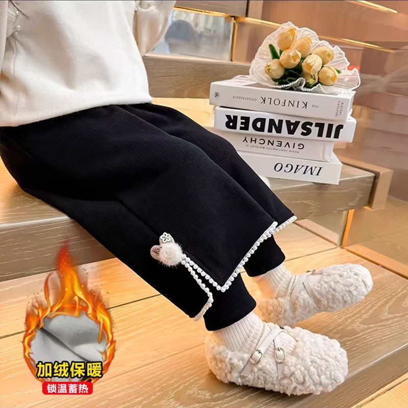 女童加绒裤子秋冬季2025新款儿童冬装直筒裤女宝宝加厚休闲阔腿裤