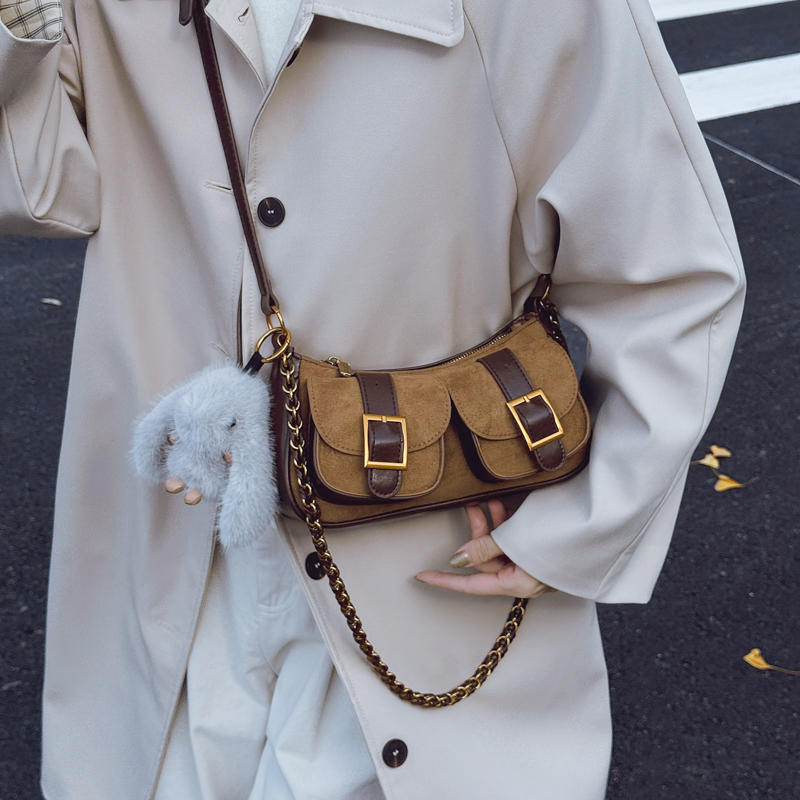 美拉德棕色机车风双口袋马鞍包