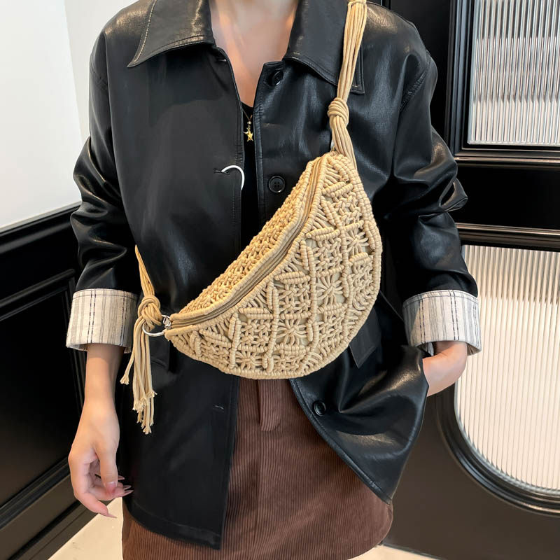 ins手工编织胸包单肩森系复古镂空斜挎包包女度假旅游休闲小包包