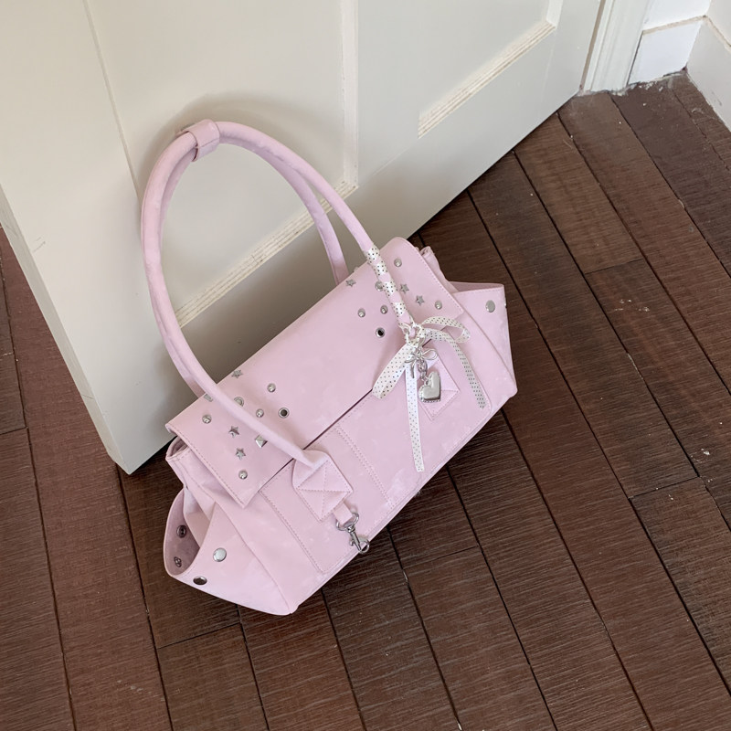 韩系甜酷粉色铆钉托特包女手提包时尚百搭单肩包小众大容量翅膀包