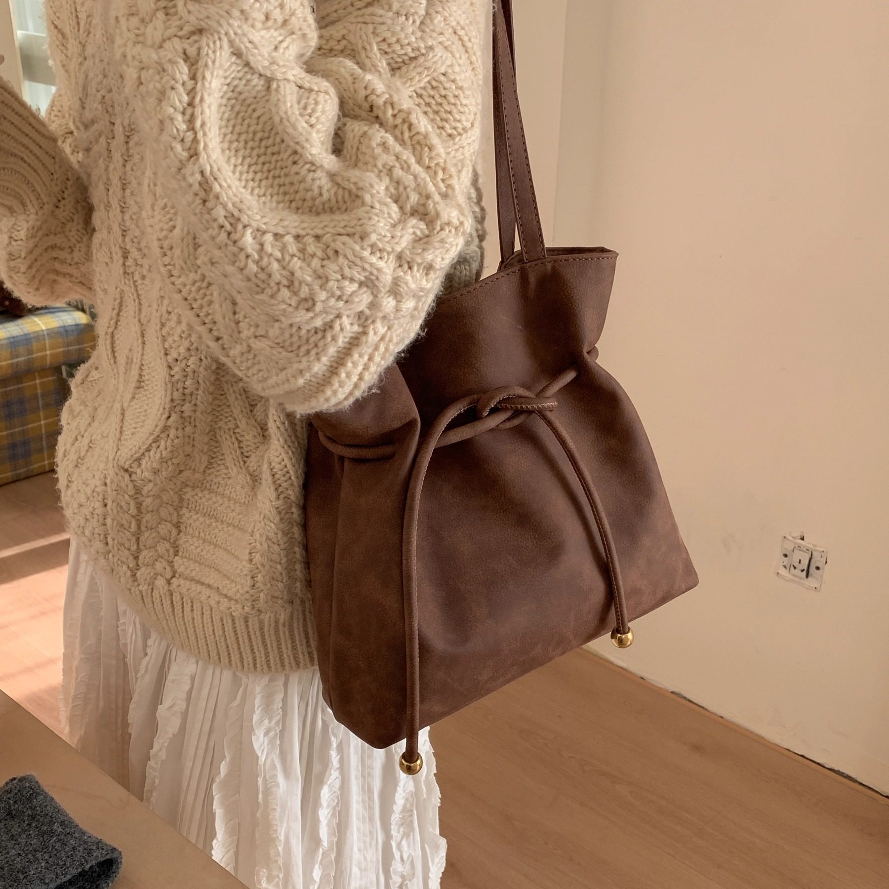 韩版小众复古蝴蝶结抽绳托特包