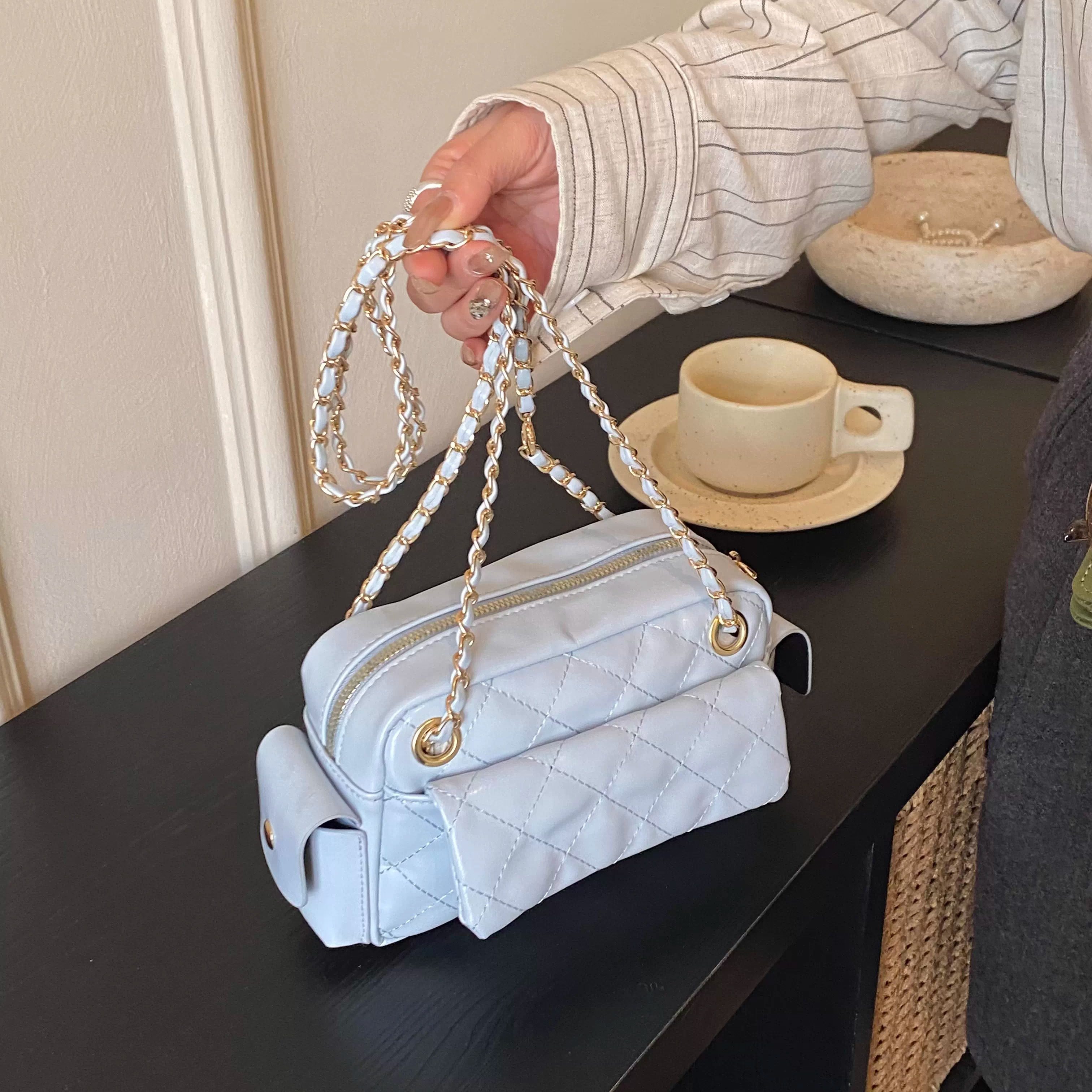 双口袋小方包菱格链条包包女式2026新款高级感百搭通勤单肩腋下包,箱包皮具/热销女包/男包,小方包,淘宝优惠券,粉丝福利购,淘宝优惠卷