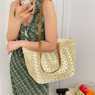 夏天度假风草编包女文艺镂空编织托特包大容量单肩大包休闲海边