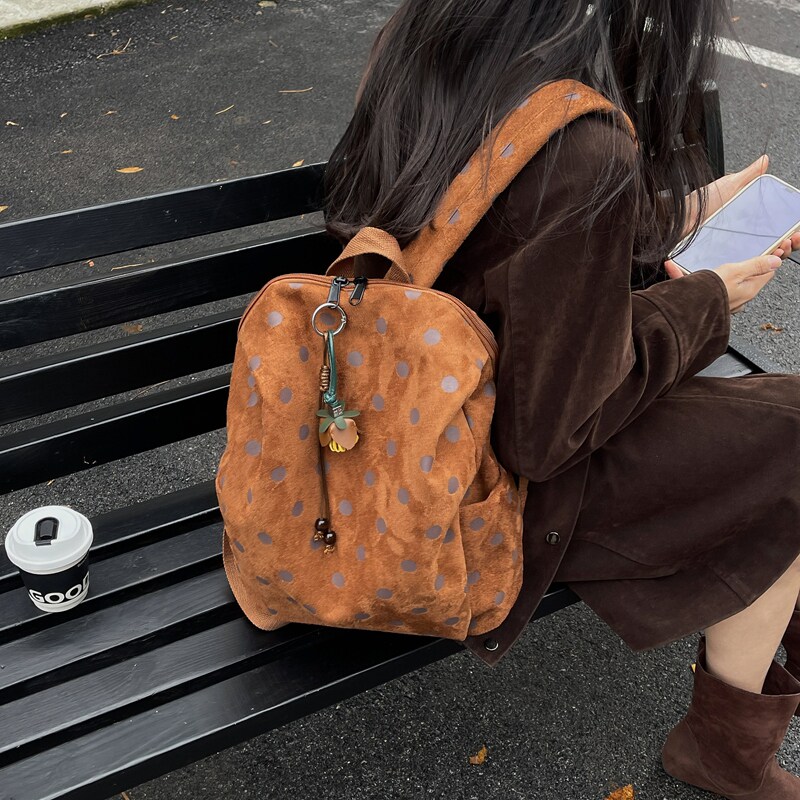 韩系复古波点双肩包女后背包大容量百搭旅行外出休闲背包学生书包
