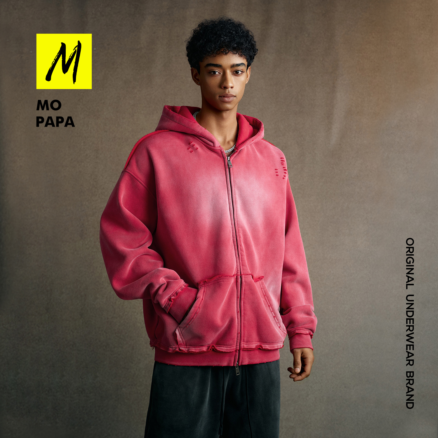 MOPAPA男装秋冬磨毛加绒美式高街喷马骝连帽卫衣拉链开衫潮外套男