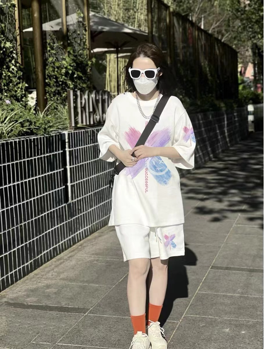 mo港风情侣装华夫格休闲运动套装男女款夏季圆领T恤短裤两件套_梦巴黎_女装/女士精品