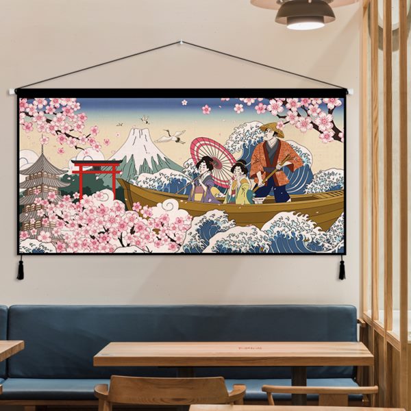 日式浮世绘装饰画布艺挂画网红卧室床头挂毯客厅背景墙挂布背景布图片