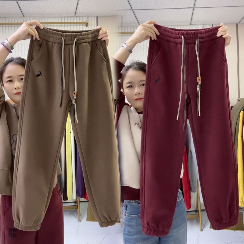 秋冬新款加绒九分休闲裤女高腰宽松显瘦运动裤咖啡色束脚哈伦裤潮,女装/女士精品,休闲裤,淘宝优惠券,粉丝福利购,淘宝优惠卷